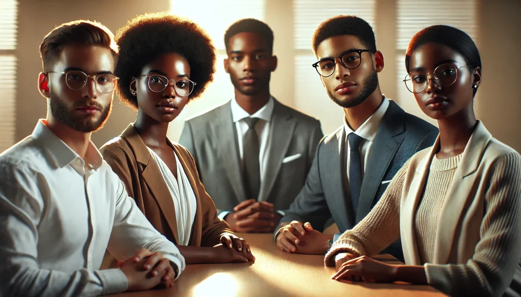 DALL·E 2024-10-31 20.28.05 - Create a highly realistic boardroom photo from a front angle showing five African American individuals, three females and two males, during a meeting
