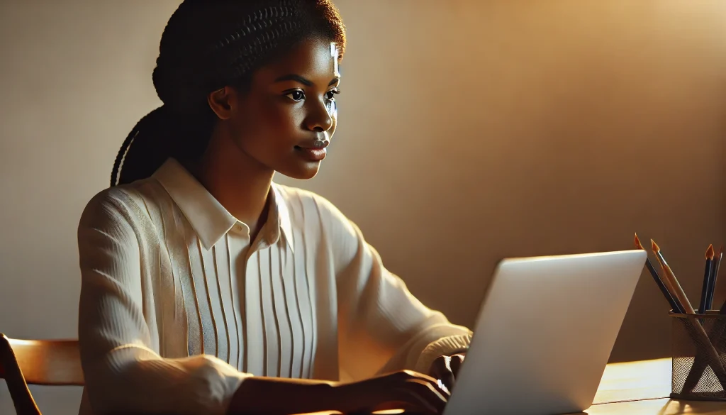 DALL·E 2024-10-31 20.56.35 - Create a highly realistic portrait of a young woman with dark skin and braided hair, working on her laptop at a desk, facing the left side of the fram