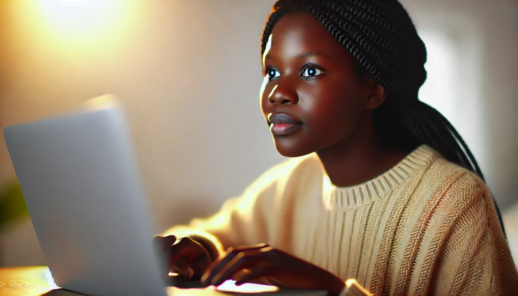DALL·E 2024-10-31 20.39.40 - Create a highly realistic, close-up portrait of a young woman with dark skin and braided hair, working on her laptop. The lighting should be soft and